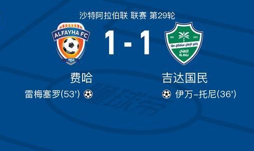 球王会首页-费哈1-1吉达国民，伊万-托尼首开记录，雷梅塞罗扳平比分